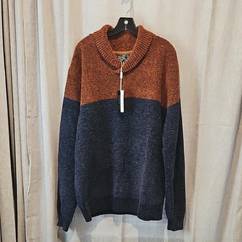 Portabella Fashion Mens Tailored Fit V-Neck Sweater Brown and Blue Color Block